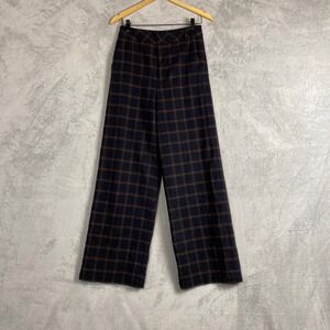Wyeth Womens Plaid Wool Blend Wide‎ Leg Trousers Navy Brown High Rise Pants 2